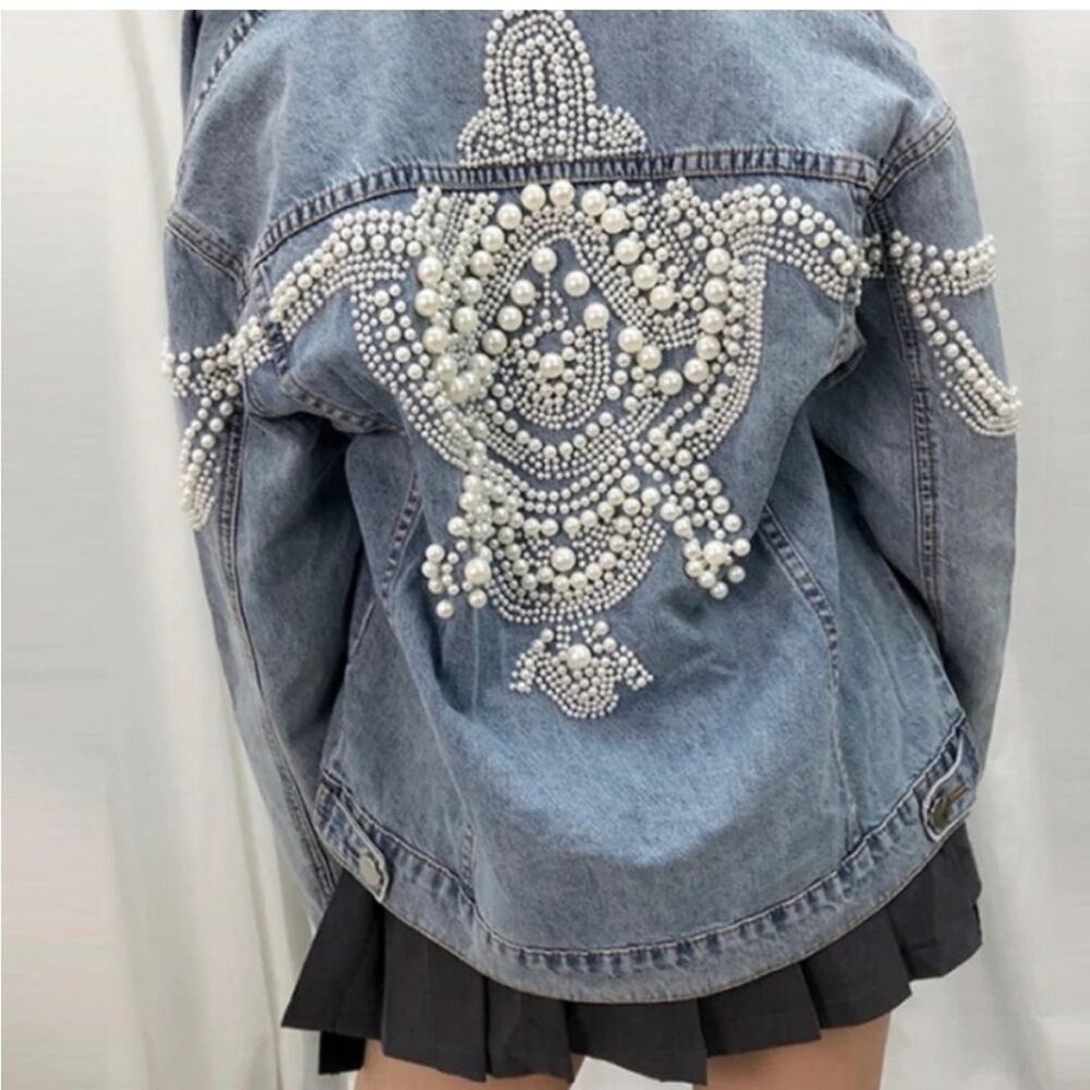 Sandro Pearl Embellished Oversized Distressed Denim Jean Jacket Size small - Picture 3 of 16